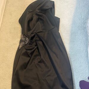 Black taffeta and satin Cocktail Dress w Bugle Beaded appliqué